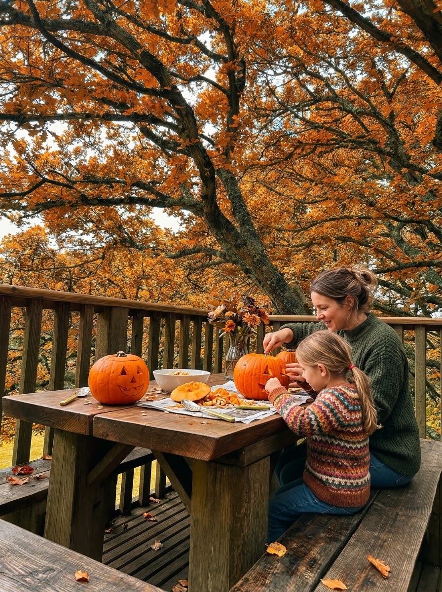 A mother and daughter carving Halloween pumpkins on a treehouse deck surrounded by autumn leaves
