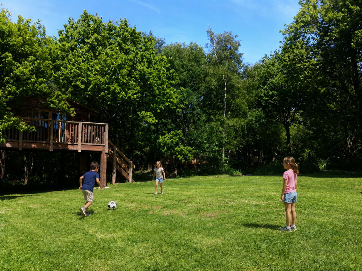 Children playing football on the lawn below the treehouses