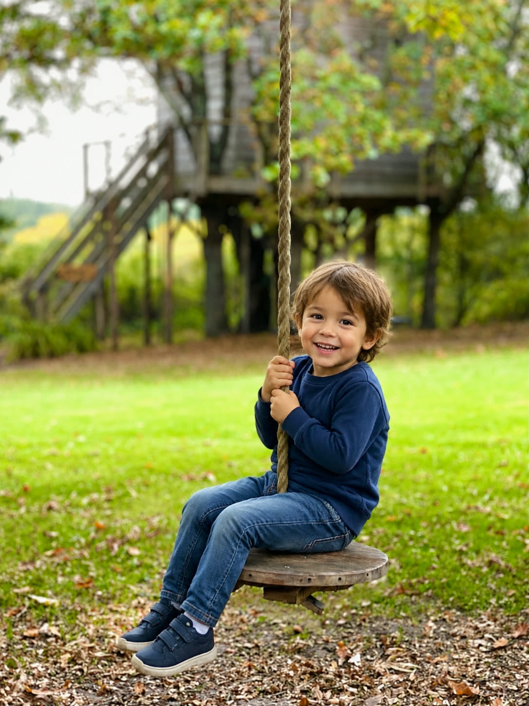 A child on the rope swing in the yard beneath the treehouse