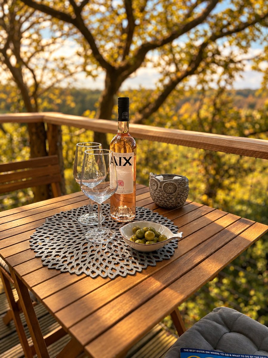 Bottle of rosé, glasses and a bowl of olives on a treehouse deck overlooking golden autumn woodland