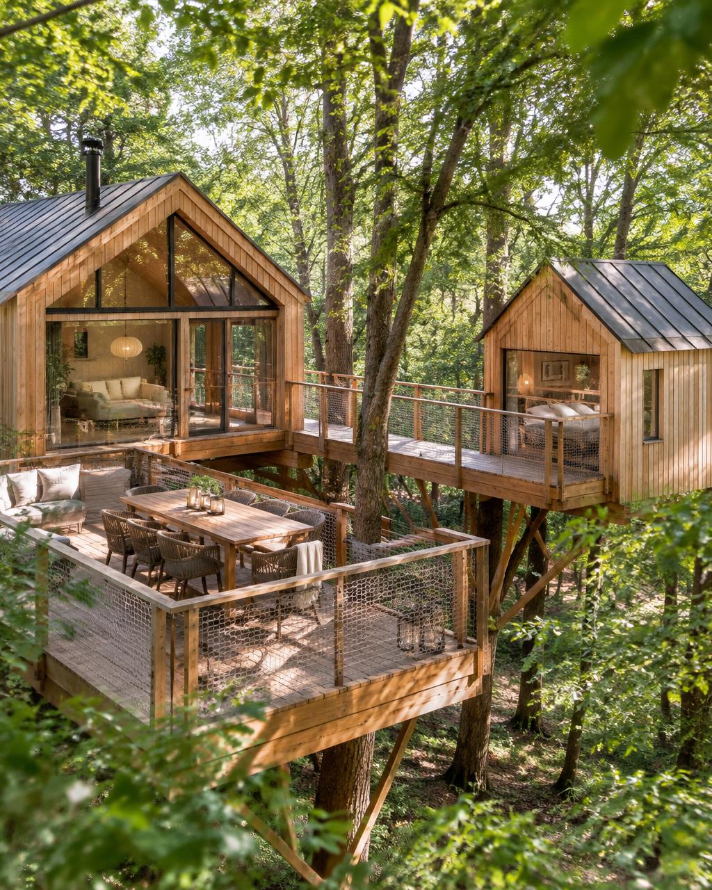 The Roost's two timber houses joined by a walkway above a woodland dining deck