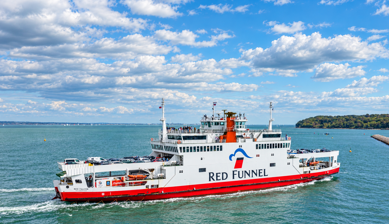 The Red Funnel vehicle ferry Red Falcon crossing the Solent towards the Isle of Wight