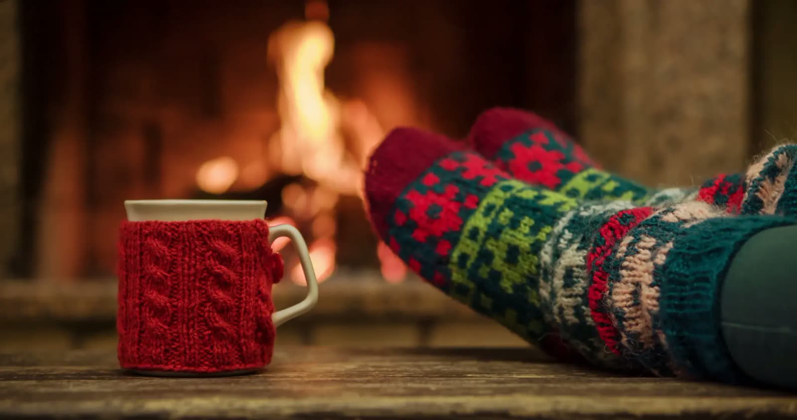 Hot chocolate and Christmas socks by the fire