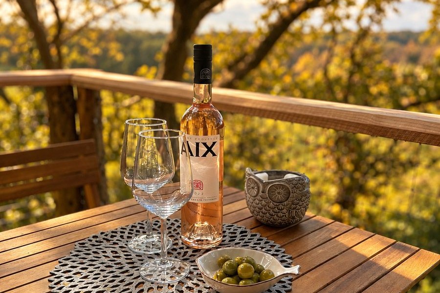 Bottle of rosé, glasses and a bowl of olives on a treehouse deck overlooking golden autumn woodland