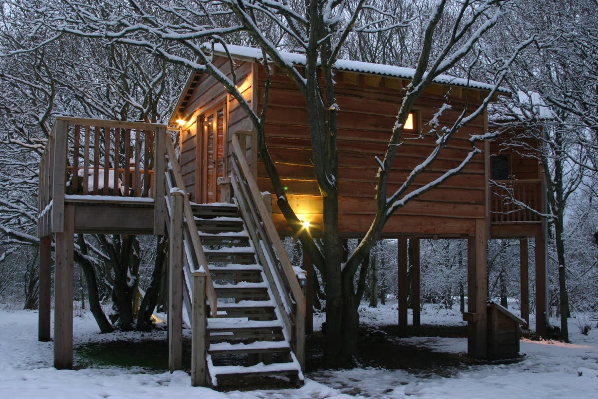Treehouse on stilts in the snow at dusk